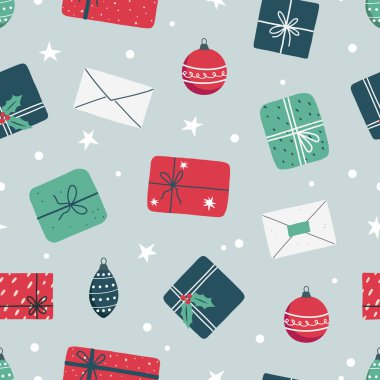 Şirin hediye kutularıyla renksiz desenli. Noel, doğum günü, indirimli arka planda hediyeler falan. Düz stil. Vektör illüstrasyonu