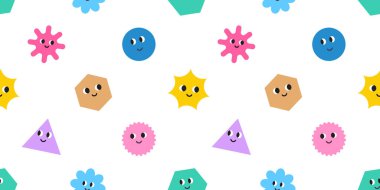 Temel Geometrik figürlerin kusursuz şekilleri ve yüz duyguları. Farklı şekiller kümesi kare, daire, dikdörtgen, çiçek, yıldız vs. Komik karakterler. Çocuklar için şirin vektör illüstrasyonu