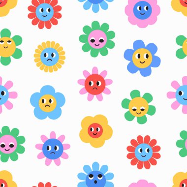 Şirin, basit, pürüzsüz bir desen ve harika papatya çiçekleri. Çocukların kumaşı için bahar ve yaz arkaplanı. Vektör illüstrasyonu