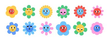 Gözleri olan ve gülümseyen komik papatya suratları. Modaya uygun, sevimli çizgi film renkli karakterler. Moda modası geçmiş trip tarzında çıkartma paketi. 60 'lı yaşlarda hippi, 70' li yaşlarda. İzole vektör illüstrasyonu