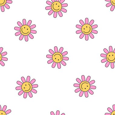 Şirin, basit, pürüzsüz bir desen ve harika papatya çiçekleri. Bahar ve yaz arkaplanı. Moda modası geçmiş 2000 'li yılların modası. Yüzey tasarımı için komik bir doku. Vektör illüstrasyonu