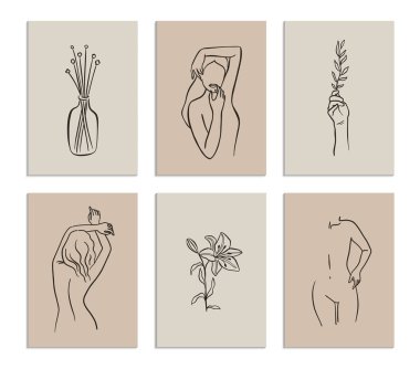 Minimalist kadın figürlü posterler. Doğrusal kadın vücudu ve çiçek elementleri. Modern soyut sanat tarzı. Asgari duvar sanatı. Vektör illüstrasyonu. 