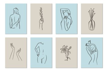 Minimalist kadın figürlü posterler. Doğrusal kadın vücudu ve çiçek elementleri. Modern soyut sanat tarzı. Asgari duvar sanatı. Vektör illüstrasyonu. 