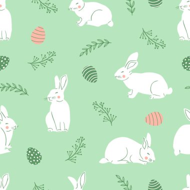 Güzel beyaz tavşanlı ve paskalya yumurtalı paskalya aroması. Vektör illüstrasyonu.