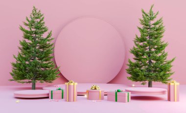 Pembe podyum ve Noel ağacı süslemeleri, mutlu Noeller ve mutlu yıllar, 3D illüstrasyon