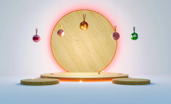 木製の表彰台クリスマスボールの装飾 陽気なクリスマスと幸せな新年 3Dイラストレンダリング — ストック写真