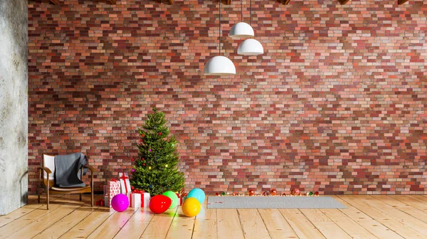 christmas tree with brick wall and wooden floor design, merry christmas and happy new year mock up, 3d illustration rendering