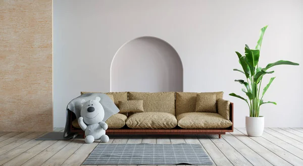 white bear doll in living room mock up, 3d illustration rendering