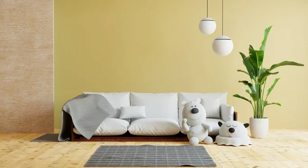 funny bear doll in living child room yellow background, 3d illustration rendering