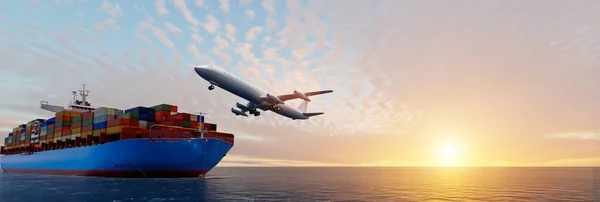 Shipping containers with airplane, world wide shipping concept, 3D illustration rendering