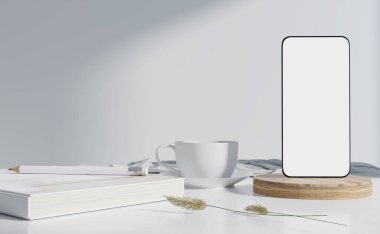 Smart phone mock up in white scene, 3d illustration rendering