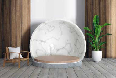 Wooden podium mock-up display with haft sphere background, interior mockup design 3d illustration rendering
