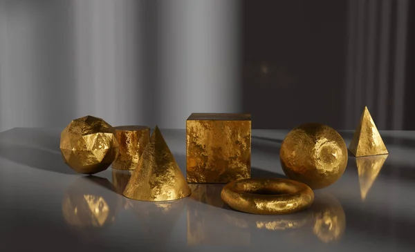 Goldmaterial Geometischem Objekt Abstraktes Goldelement Dunklem Raum Darstellung — Stockfoto