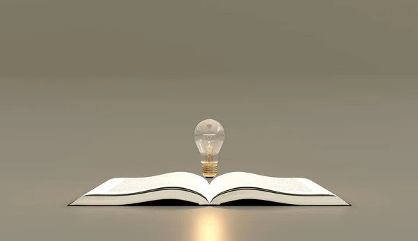 light bulb on oped book idea concept, 3d illustration rendering