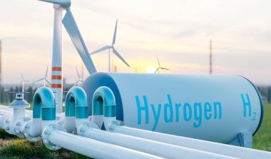 Hidrojen boru hattı ve hidrojen yakıt tankı rüzgar türbinleri çiftliği, yeşil enerji ve çevre koruma konsepti, 3D çizimler
