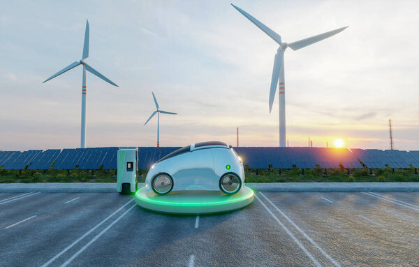 без зарядки с ума мельницы фермы и солнечных панелей фермы, 3D иллюстрации рендеринга