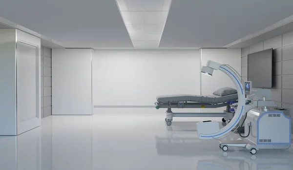带有C臂的清洁医务室和带有复印室的医院病床 3D插图渲染 — 图库照片