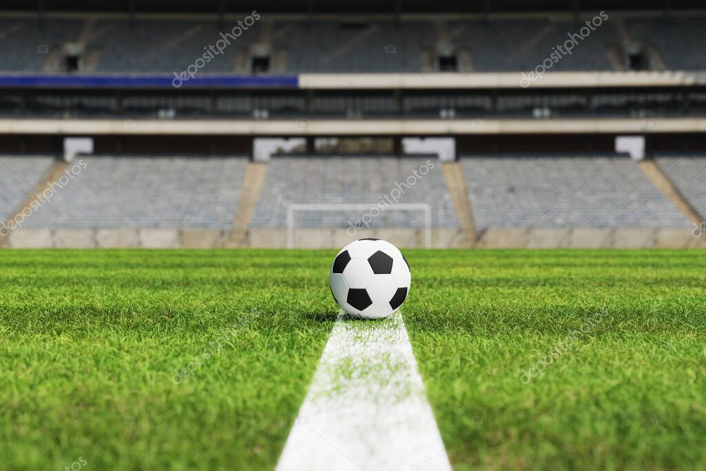 Soccer ball in soccer field, 3d illustration rendering