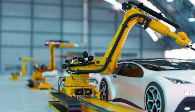 Fabrikada çalışan robot kollu araba montajı, 3 boyutlu resimleme