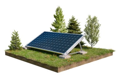 solar panel with small grass field model and mock up isolated on white abckground with clipping path, 3d illustration rendering  clipart