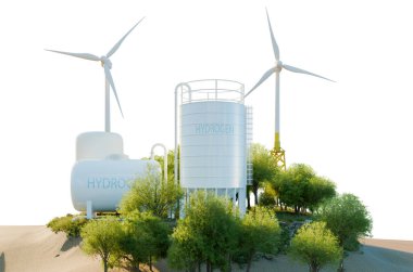 Yeşil ortamlarda hidrojen depolama beyaz zemin üzerinde yalıtılmış rüzgar türbini kırpma yolu ile, nesneyi ana projeye değiştir, sıfır emisyon kavramı, üç boyutlu resimleme 