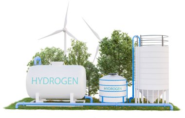 Hydrogen storage in green environments with wind turbine isolated on white background with clipping path, replace object to main project, zero emissions concepts, 3d illustration rendering  clipart