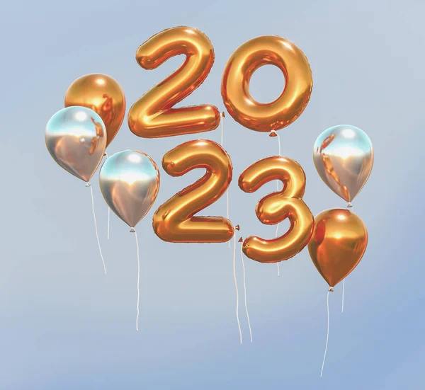 2023 golden balloons., 2023 gold foil balloons isolated over clear background. 3D rendering.,Object render 3d ballon with ribbon.