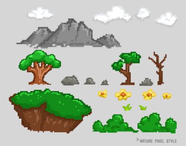 Piksel sanat seti doğa elementi illüstrasyonları, pikseller orman seti. Retro 8 bit video oyunu UI elementleri, ağaç çalıları ve çim perisi varlığı, arka plan manzara nesneleri, Vector izole koleksiyonu.
