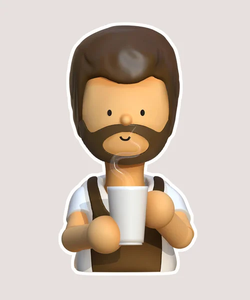Male barista wearing apron holding a cup of coffee.,coffee time and take away concept.,Cartoon minimal style.,3d illustration.