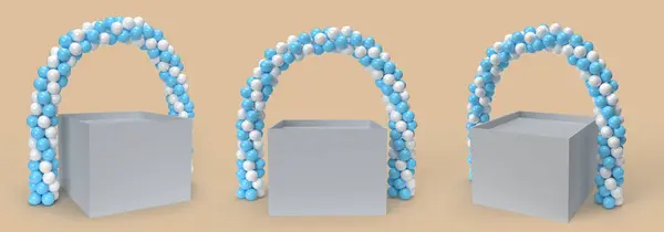 3d rendering of Arch Balloons Isolated.,White and Blue Balloons in Shape of Arc., white and blue balloon arc portal wrapper product display.