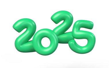 2025 yeşil balon. 2025 balon temiz arkaplan üzerinde izole edilmiş. 3D görüntüleme., Obje 3d balonu şeritli.