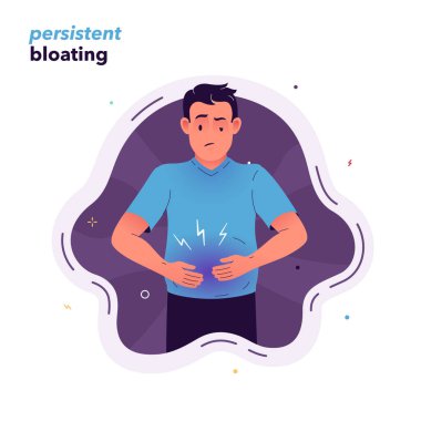Vector illustration of a man suffering from bloating. The man experiences constant bloating. Symptoms of irritable bowel syndrome or food allergies clipart