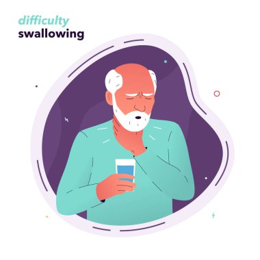 Vector illustration of a man in pain when swallowing. An elderly man suffering from dysphagia holds his throat with his hand. Symptoms of Parkinsons disease, multiple sclerosis, stroke clipart