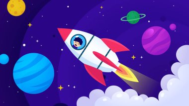 Rocket vector illustration. A little boy happily imagines how he flies on a rocket. Bright illustration for children's wallpapers, books, comics, and coloring books. Planets of the solar system