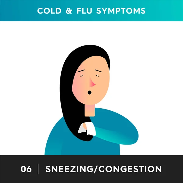 Vector Illustration Person Flu Cold Symptoms Girl Sneezes Holds Handkerchief — Stock Vector