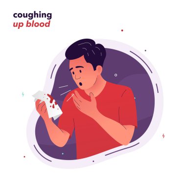 Vector illustration of a man who coughs up blood. A man holds a handkerchief with blood stains in his hands after coughing. Symptoms of tuberculosis, bronchitis, pneumonia, chest trauma, lung cancer