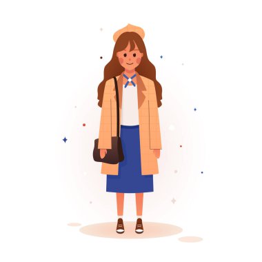 Vector illustration of a cute girl who is studying at school. A girl with a bag on her shoulder and a book in her hands goes to school. School uniform. Illustration for educational posters and stands