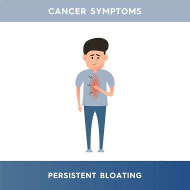 Vector illustration of a man suffering from bloating. The man experiences constant bloating. Symptoms of cancer, irritable bowel syndrome or food allergies clipart