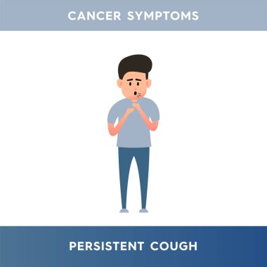 Vector illustration of a man suffering from a cough. Illustration of a coughing man who holds his hand near his face. Cancer symptoms. Illustration for medical articles, posters, stands