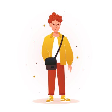 Gençlik ve modern kıyafetler giymiş bir çocuğun vektör çizimi. Gözlüklü ve parlak elbiseli bir karakter tasviri. Çocuklar için modern okul üniformasının bir çeşidi.