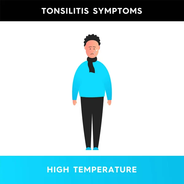 高温の温度計を持つ男のベクトルイラスト 扁桃炎を患っている人は弱さと高熱を経験します 感染症 扁桃炎の症状 — ストックベクタ