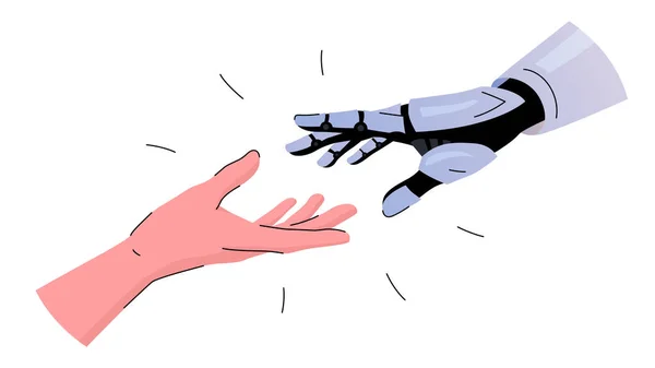 人間とロボットの手が手をつなぐベクトルイラスト ロボットは人間の腕を満たすために金属の腕に到達します 人間とロボットのコラボレーション 近代技術 — ストックベクタ