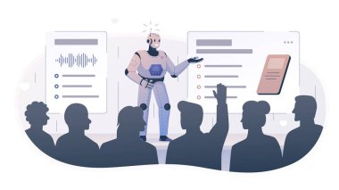 Seyircilerin önünde gösteri yapan bir robotun vektör çizimi. Robot sunum yapar, dinleyiciler ellerini kaldırarak tartışmaya aktif olarak katılır. Robot insanlara öğretiyor.