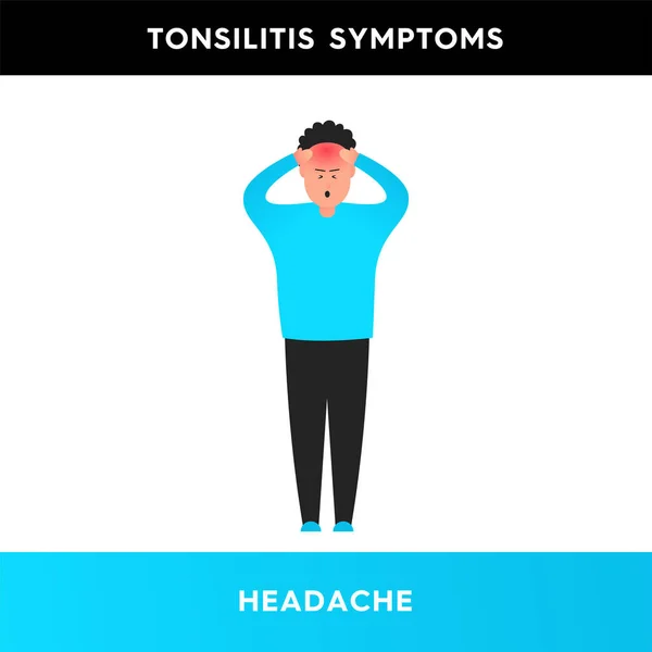 一个头痛的男人的病媒图解 由于疼痛 这个人双手抱头 扁桃体炎的症状 医疗海报 文章说明 — 图库矢量图片