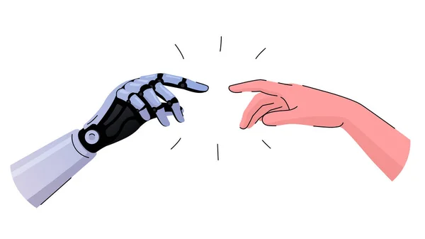 人間とロボットの手が手をつなぐベクトルイラスト ロボットと人は手を伸ばす 人間とロボットのコラボレーション 近代技術 — ストックベクタ