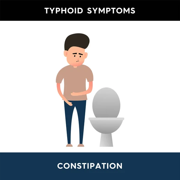トイレの近くに立っている男のベクトルイラストと胃の上に手を握っています 便秘を患っている人 腸内感染症 腸チフスの症状 — ストックベクタ