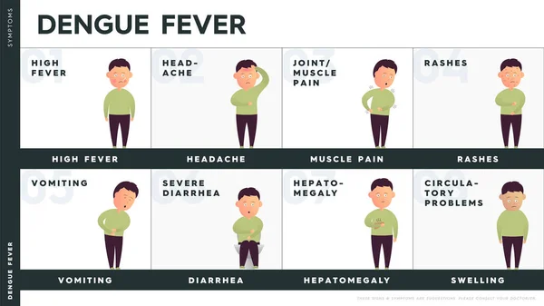 デング熱の症状を示すベクトルインフォグラフィック デング熱の症状を持つキャラクター それらのいくつか 重度の下痢 循環障害 筋肉痛 — ストックベクタ