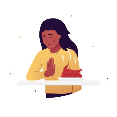 Yemeyi reddeden bir kızın vektör çizimi. Kız iştahsızlık yüzünden yemek yemek istemiyor. Stresin insan sağlığı üzerindeki etkisi. Viral hastalıkların belirtileri, depresyon, kanser