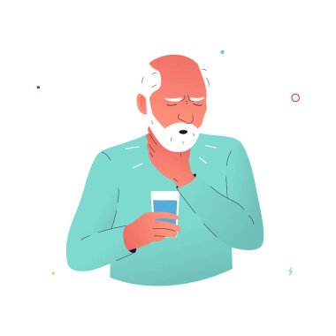 Yutkunurken acı çeken bir adamın vektör çizimi. Disfajiden muzdarip yaşlı bir adam elleriyle boğazını tutuyor. Parkinson hastalığı belirtileri, çoklu skleroz, kanser.