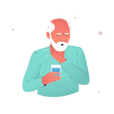 Vector illustration of a man experiencing pain when swallowing. An elderly man suffering from dysphagia holds his throat with his hand. Symptoms of Parkinson's disease, multiple sclerosis, cancer clipart